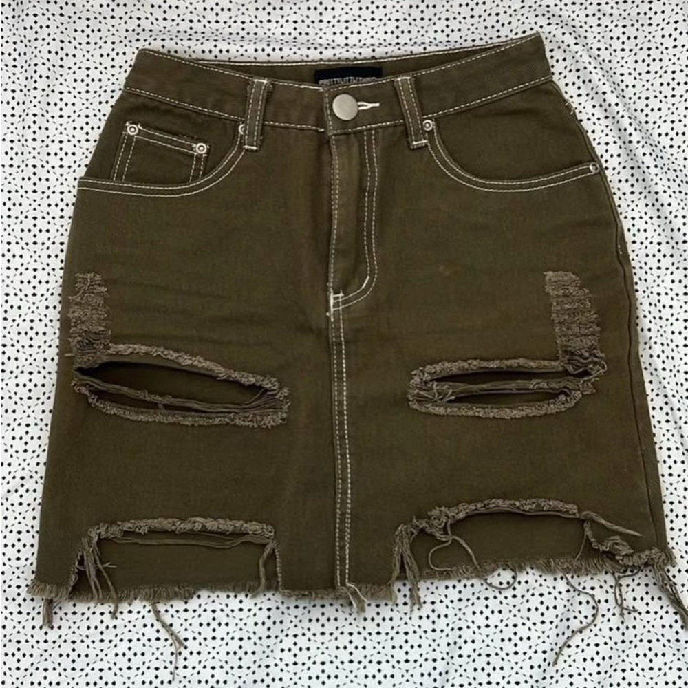 Trendy Olive Distressed Mini Skirt
